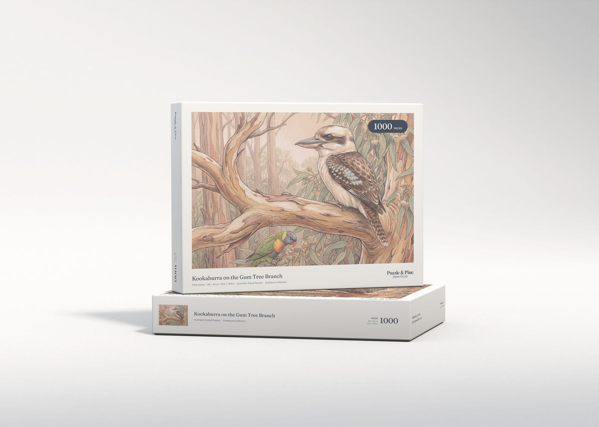 Kookaburra on the Gum Tree Branch jigsaw puzzle - gift box