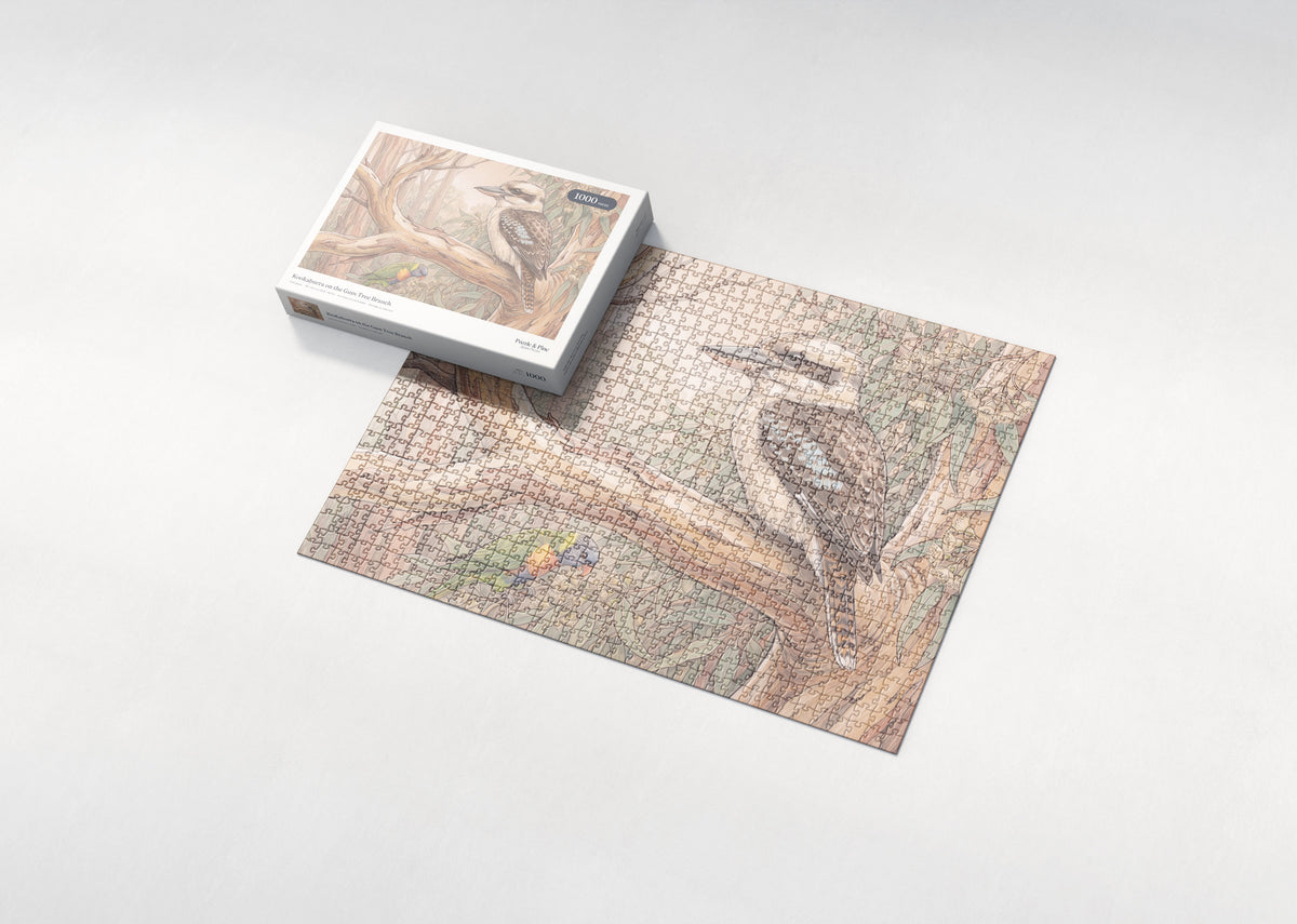 Kookaburra on the Gum Tree Branch jigsaw puzzle - box and puzzle