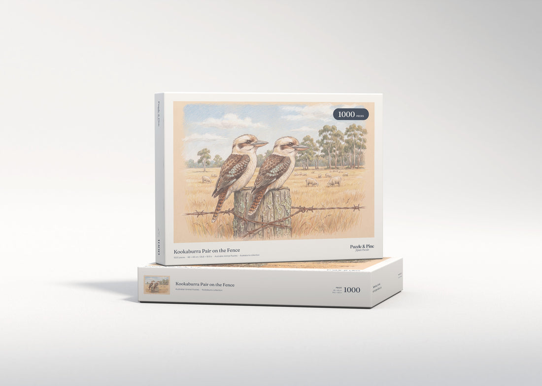 Kookaburra Pair on the Fence jigsaw puzzle - gift box