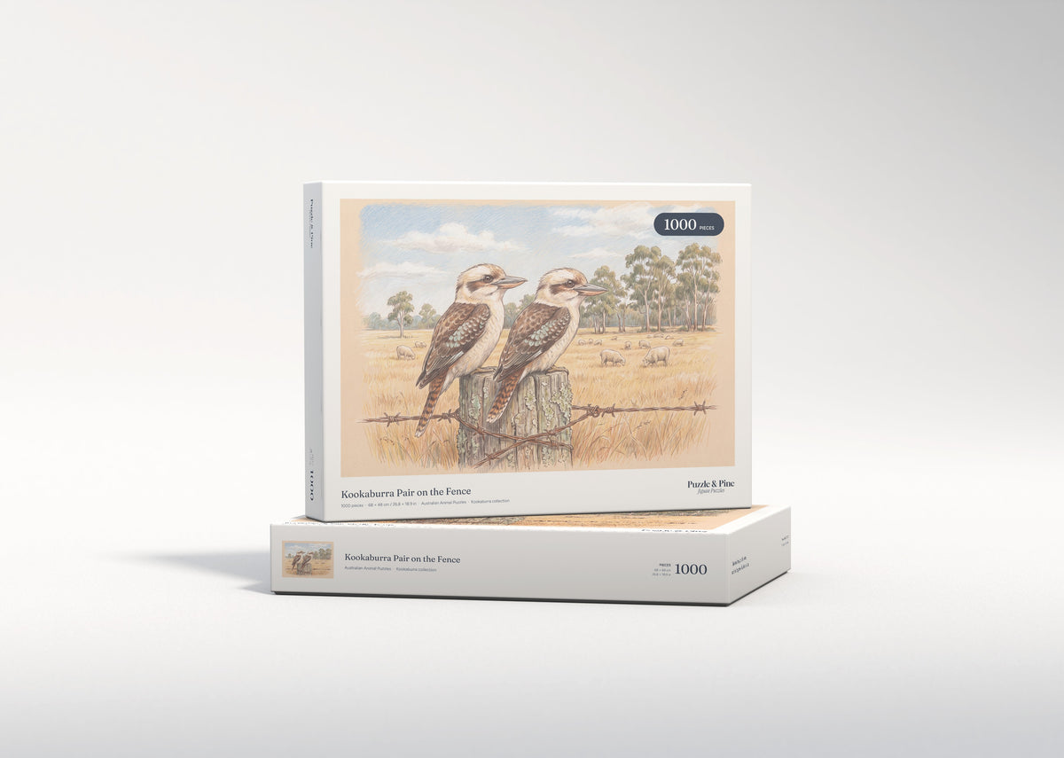 Kookaburra Pair on the Fence jigsaw puzzle - gift box