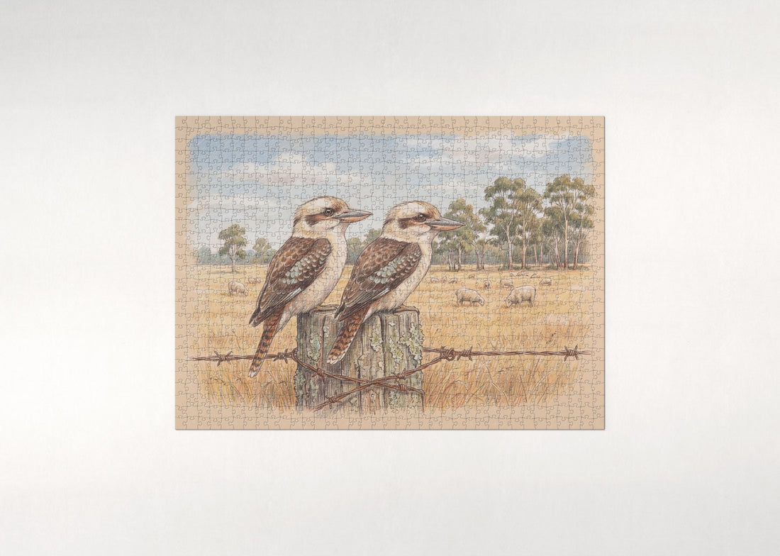 Kookaburra Pair on the Fence jigsaw puzzle - gift box