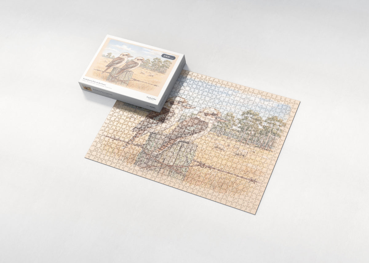 Kookaburra Pair on the Fence jigsaw puzzle - box and puzzle