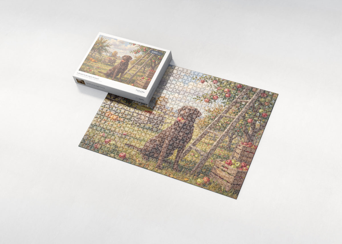 Labrador in the Apple Orchard jigsaw puzzle - box and puzzle
