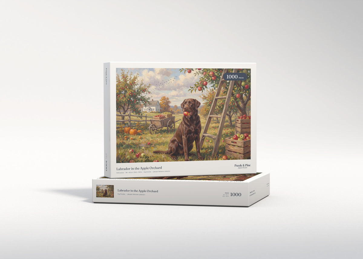 Labrador in the Apple Orchard jigsaw puzzle - gift box