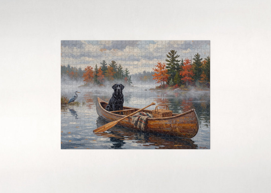 Labrador in the Canoe on a Misty Lake jigsaw puzzle - gift box