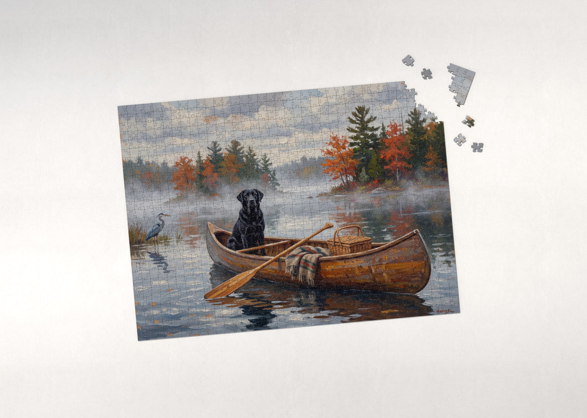 Labrador in the Canoe on a Misty Lake jigsaw puzzle - puzzle with loose pieces