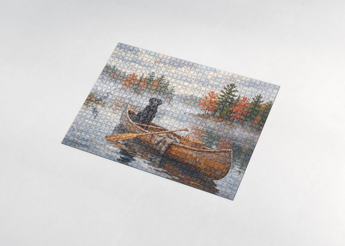 Labrador in the Canoe on a Misty Lake jigsaw puzzle - assembled puzzle