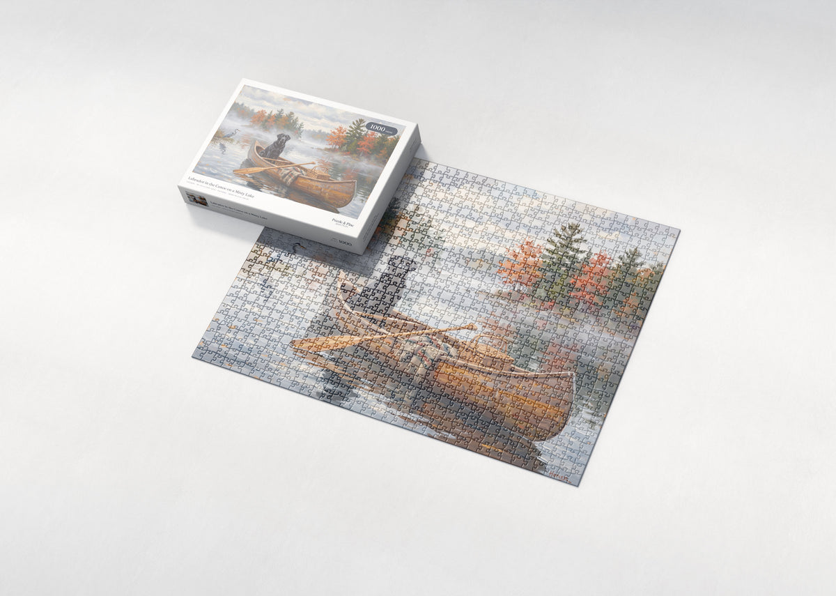 Labrador in the Canoe on a Misty Lake jigsaw puzzle - box and puzzle