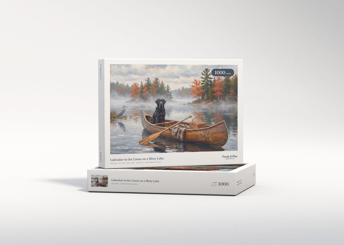 Labrador in the Canoe on a Misty Lake jigsaw puzzle - gift box
