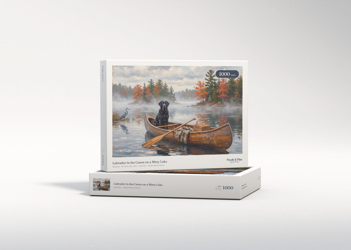 Labrador in the Canoe on a Misty Lake jigsaw puzzle - gift box