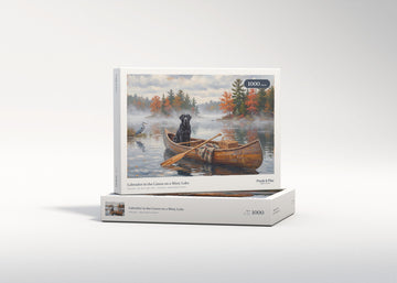 Labrador in the Canoe on a Misty Lake jigsaw puzzle - gift box