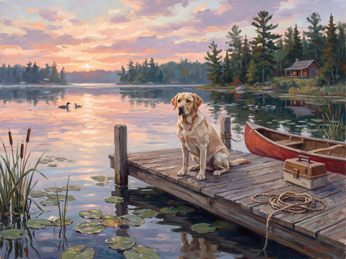 Labrador on the Lake Dock at Sunrise jigsaw puzzle