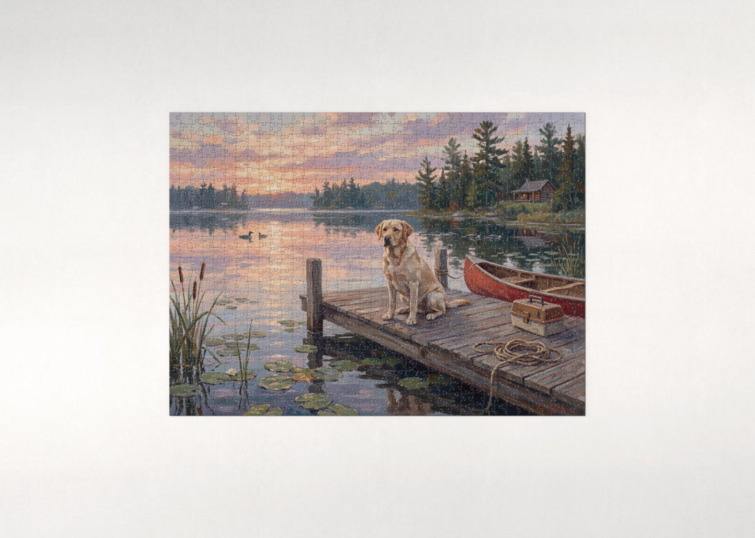 Labrador on the Lake Dock at Sunrise jigsaw puzzle - gift box