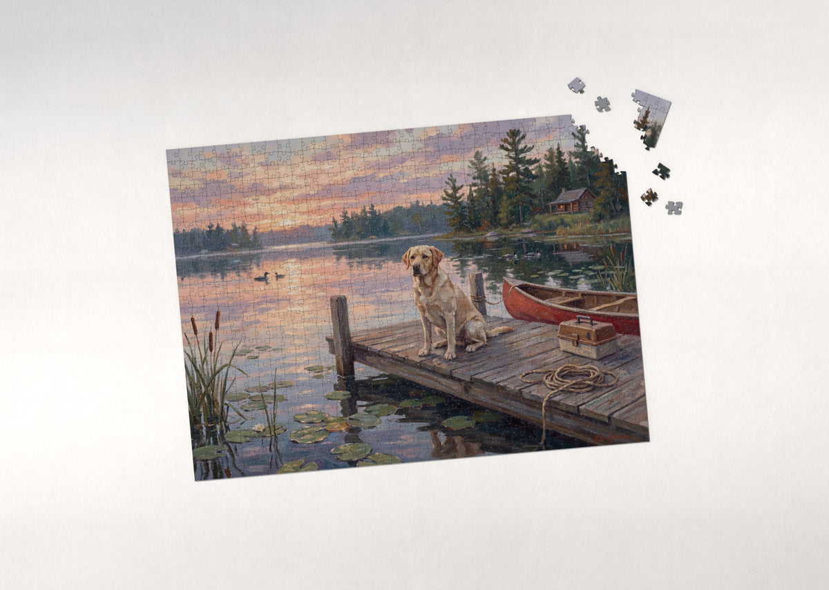 Labrador on the Lake Dock at Sunrise jigsaw puzzle - puzzle with loose pieces