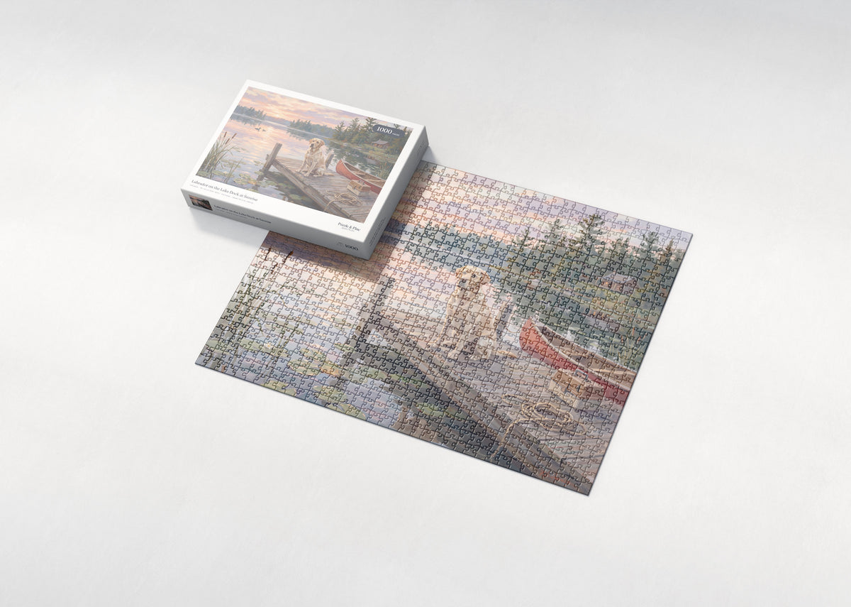 Labrador on the Lake Dock at Sunrise jigsaw puzzle - box and puzzle