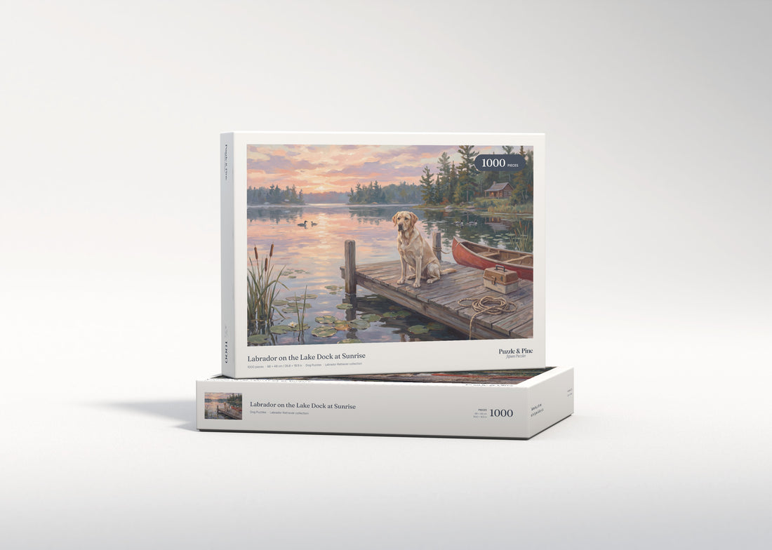 Labrador on the Lake Dock at Sunrise jigsaw puzzle - gift box