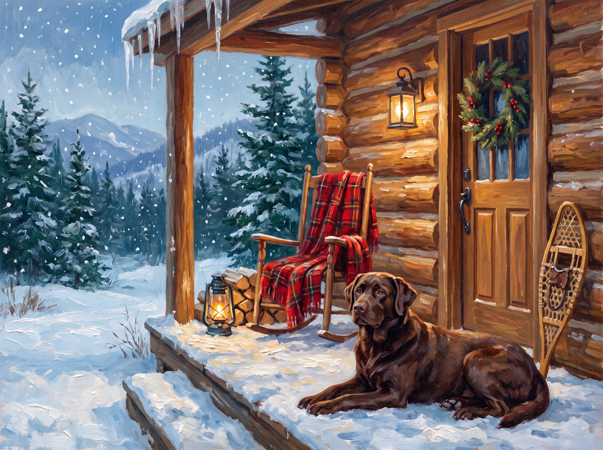 Labrador on the Snowy Cabin Porch jigsaw puzzle