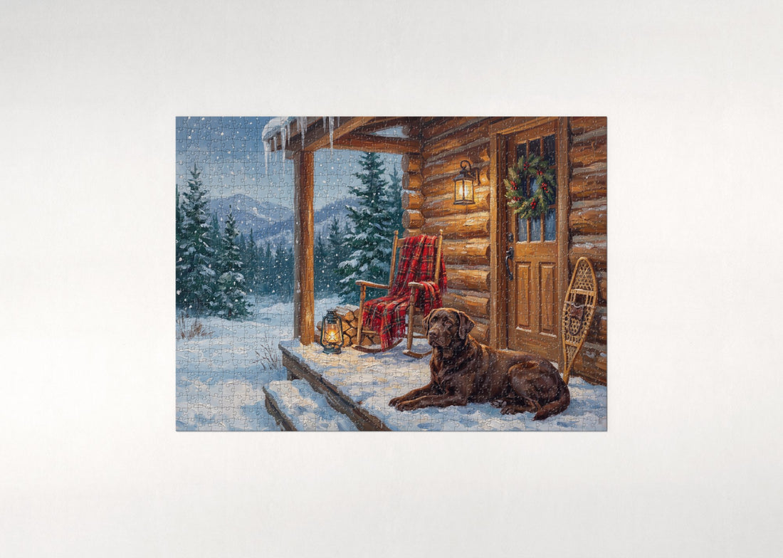 Labrador on the Snowy Cabin Porch jigsaw puzzle - gift box