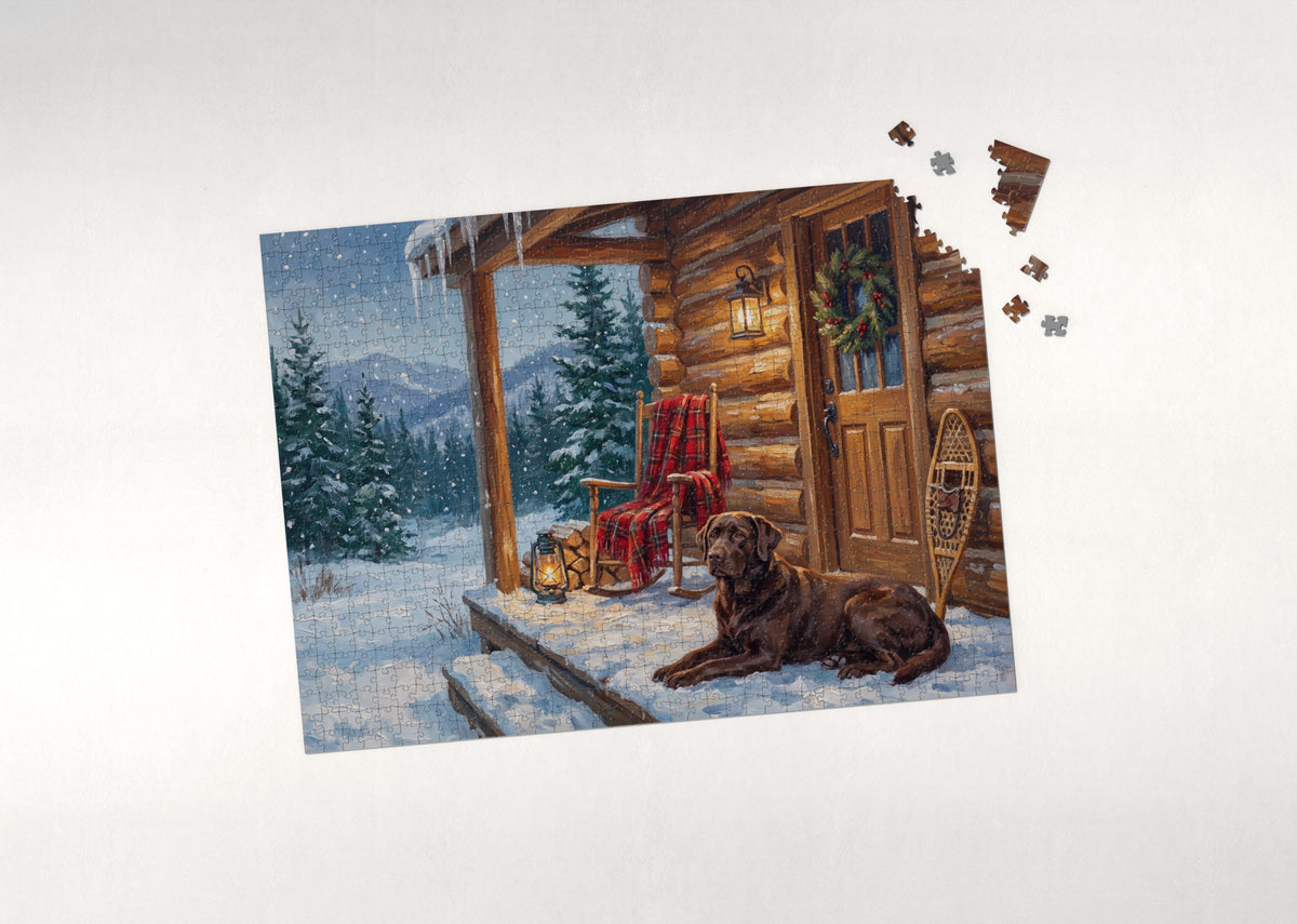 Labrador on the Snowy Cabin Porch jigsaw puzzle - puzzle with loose pieces