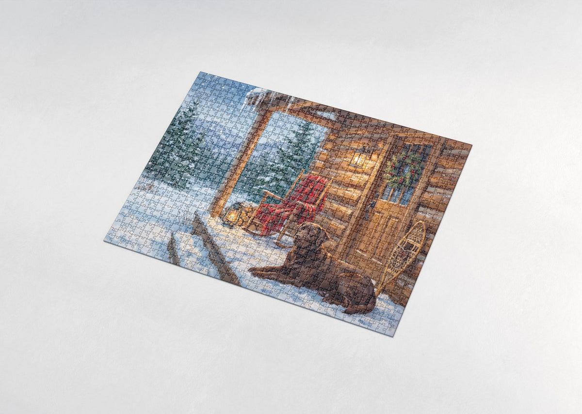 Labrador on the Snowy Cabin Porch jigsaw puzzle - assembled puzzle