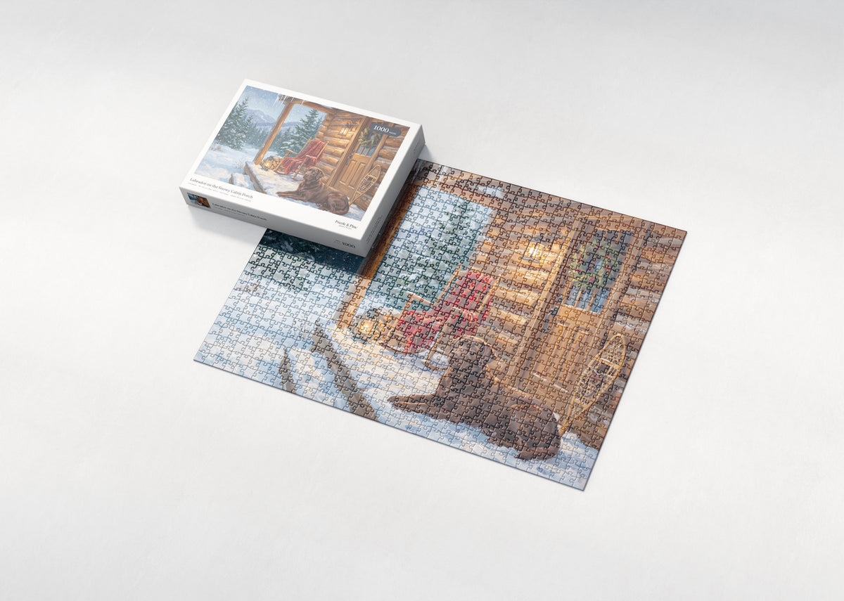 Labrador on the Snowy Cabin Porch jigsaw puzzle - box and puzzle