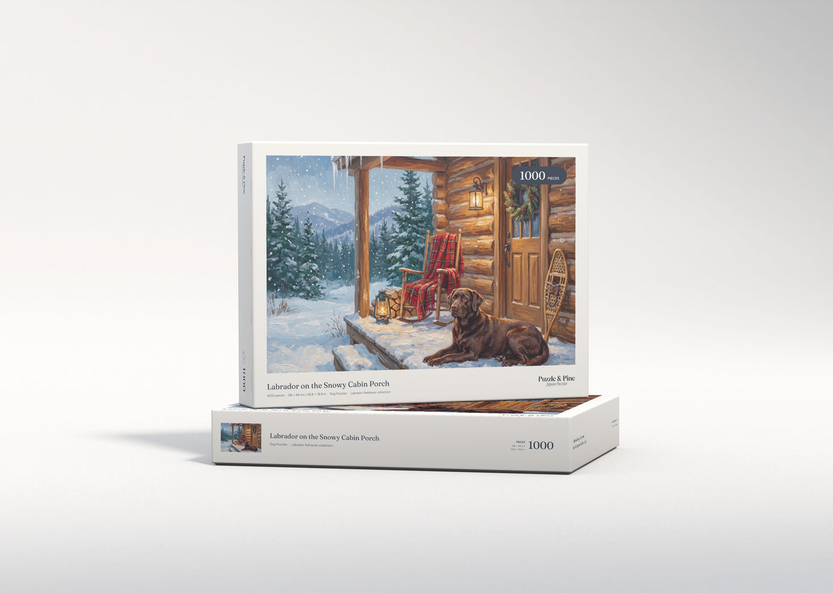 Labrador on the Snowy Cabin Porch jigsaw puzzle - gift box