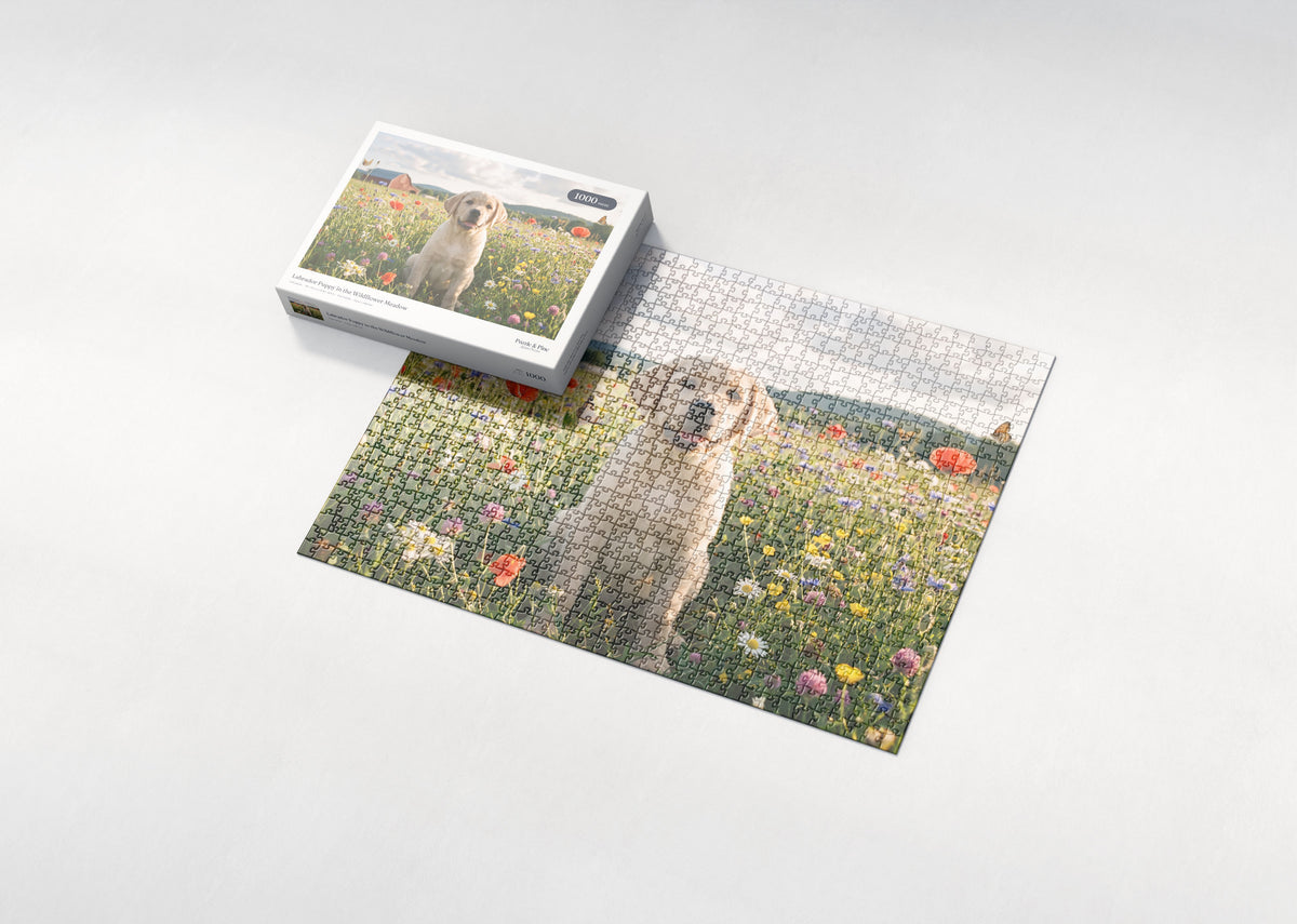 Labrador Puppy in the Wildflower Meadow jigsaw puzzle - box and puzzle