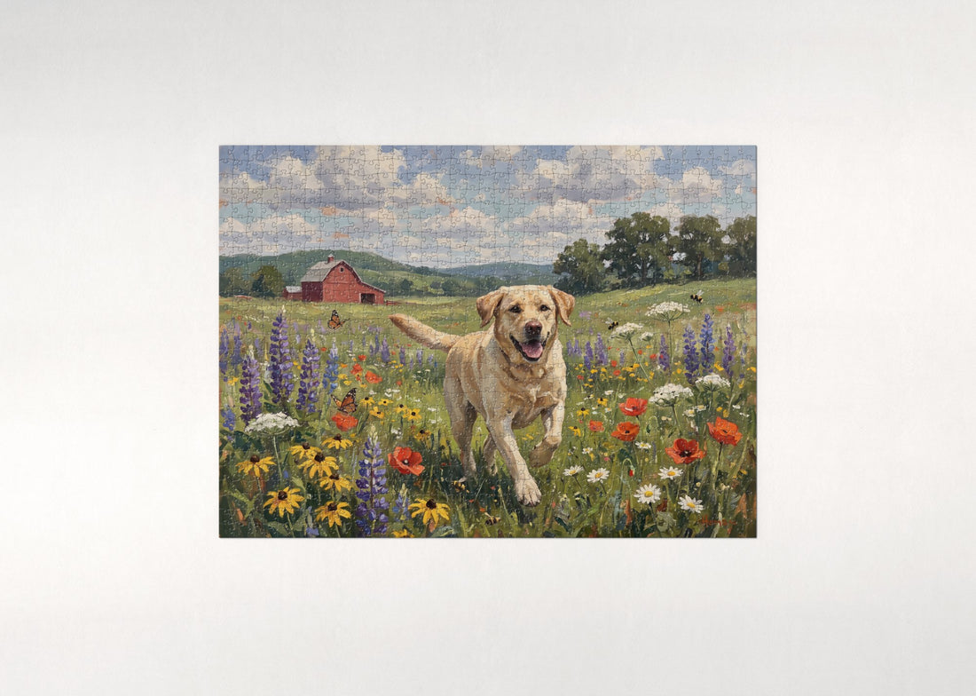 Labrador Running Through the Wildflower Meadow jigsaw puzzle - gift box