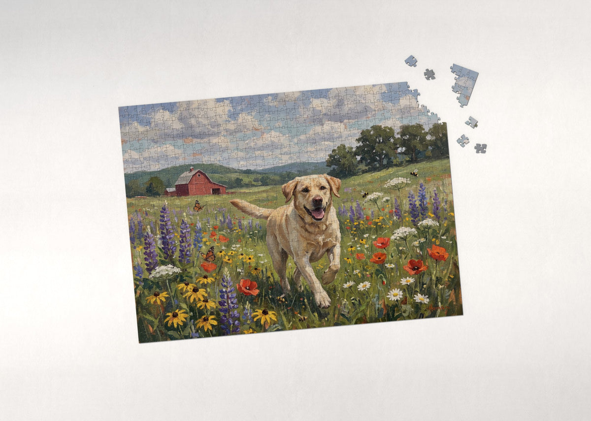 Labrador Running Through the Wildflower Meadow jigsaw puzzle - puzzle with loose pieces