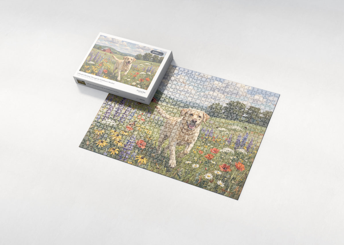 Labrador Running Through the Wildflower Meadow jigsaw puzzle - box and puzzle