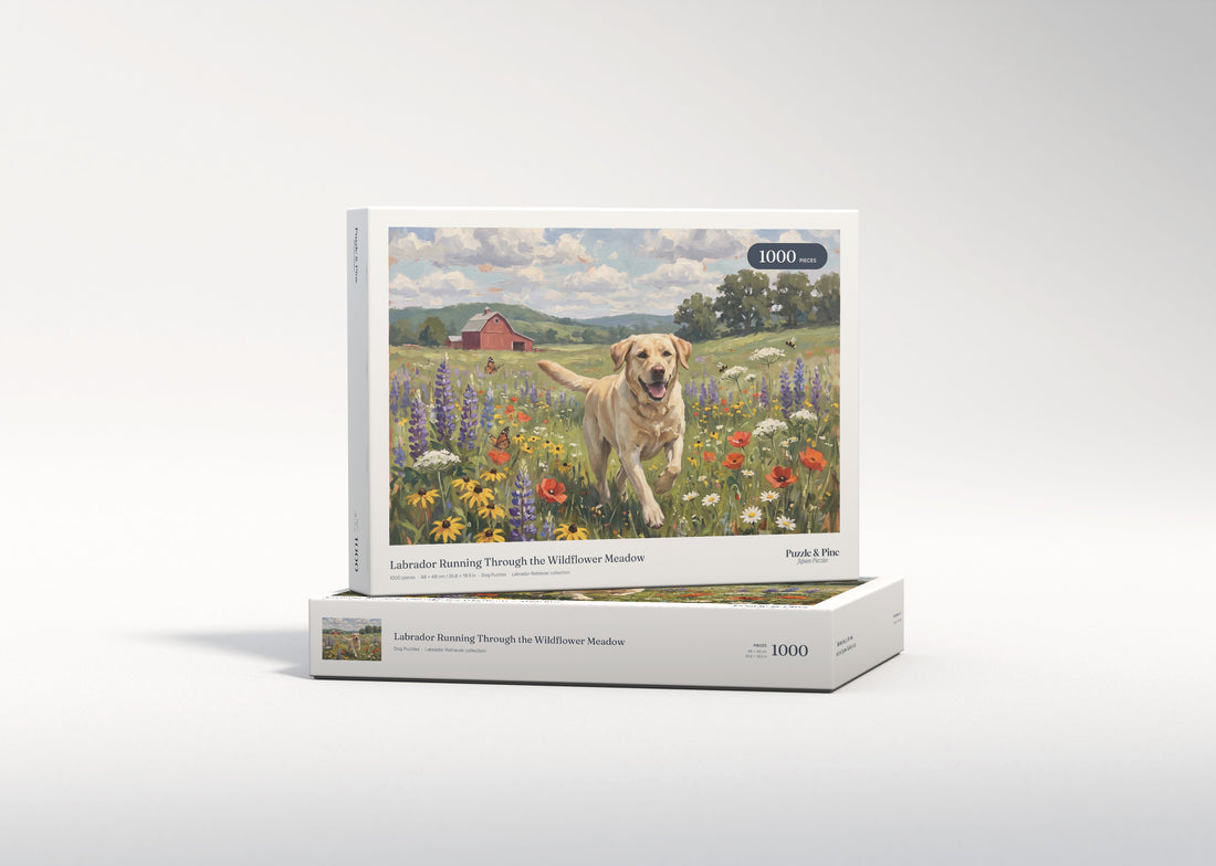 Labrador Running Through the Wildflower Meadow jigsaw puzzle - gift box