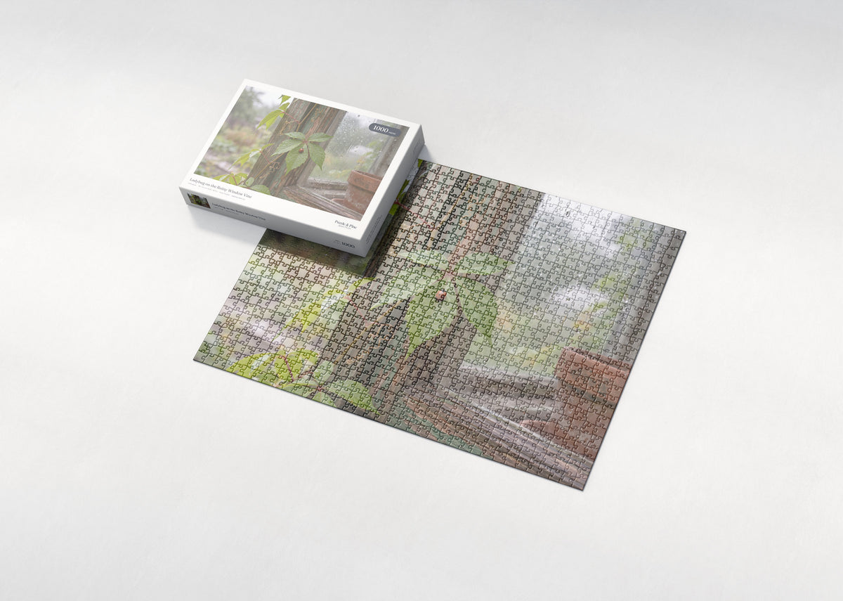 Ladybug on the Rainy Window Vine jigsaw puzzle - box and puzzle