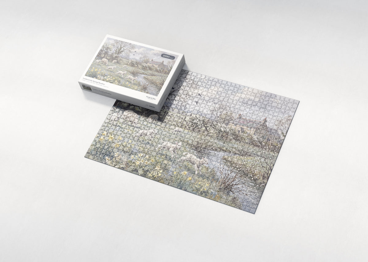Lambs in the Spring Meadow jigsaw puzzle - box and puzzle