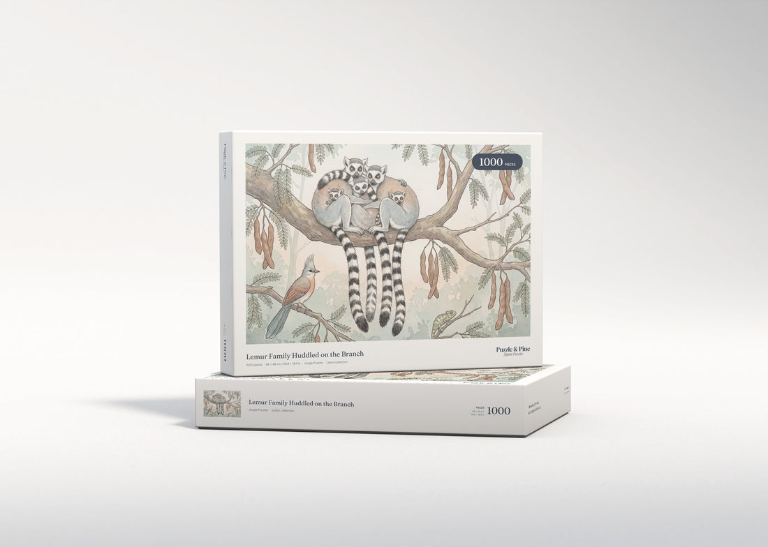 Lemur Family Huddled on the Branch jigsaw puzzle - gift box