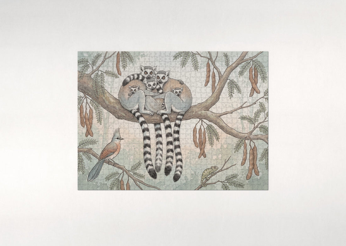 Lemur Family Huddled on the Branch jigsaw puzzle - gift box