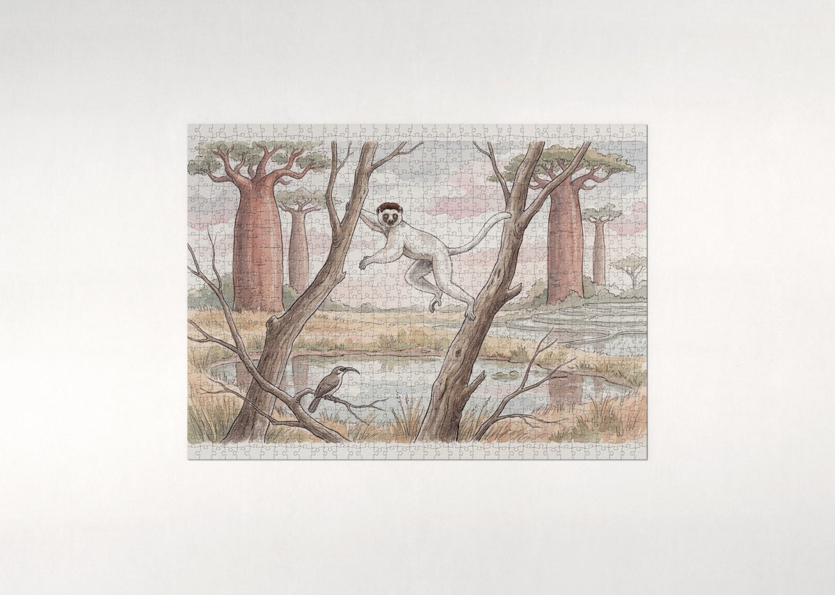 Lemur Leaping Through the Baobabs jigsaw puzzle - flat puzzle