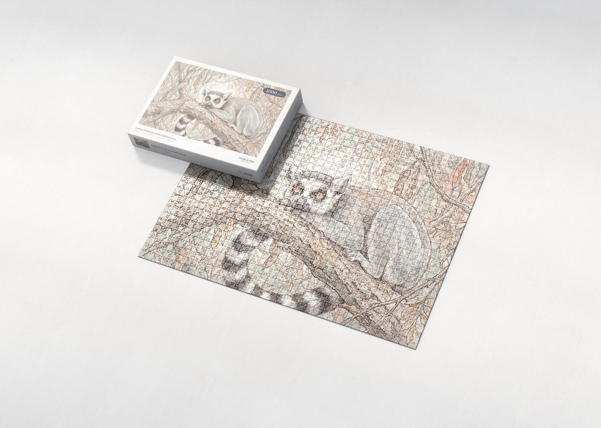 Lemur Portrait with Golden Eyes jigsaw puzzle - box and puzzle