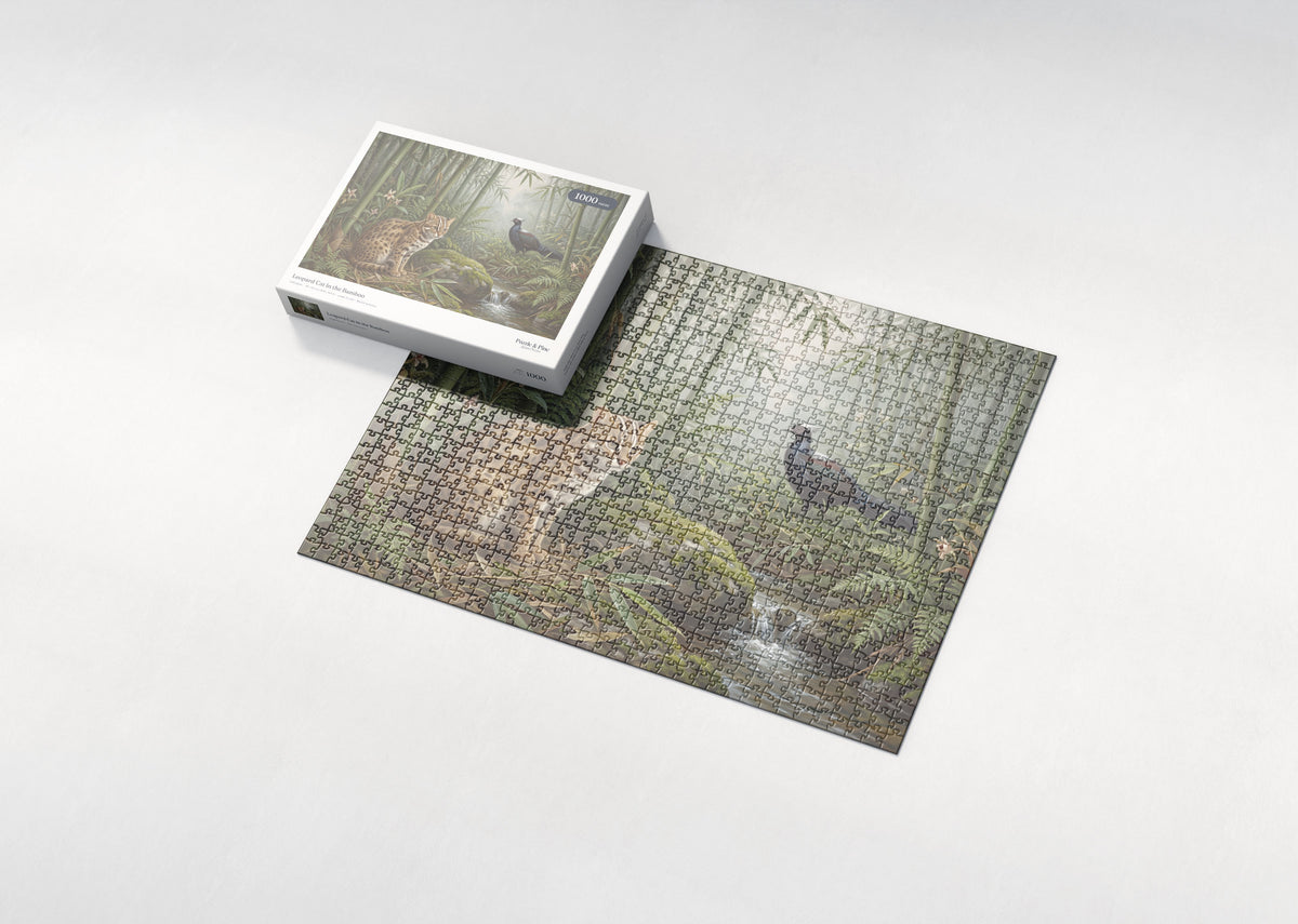Leopard Cat in the Bamboo jigsaw puzzle - box and puzzle