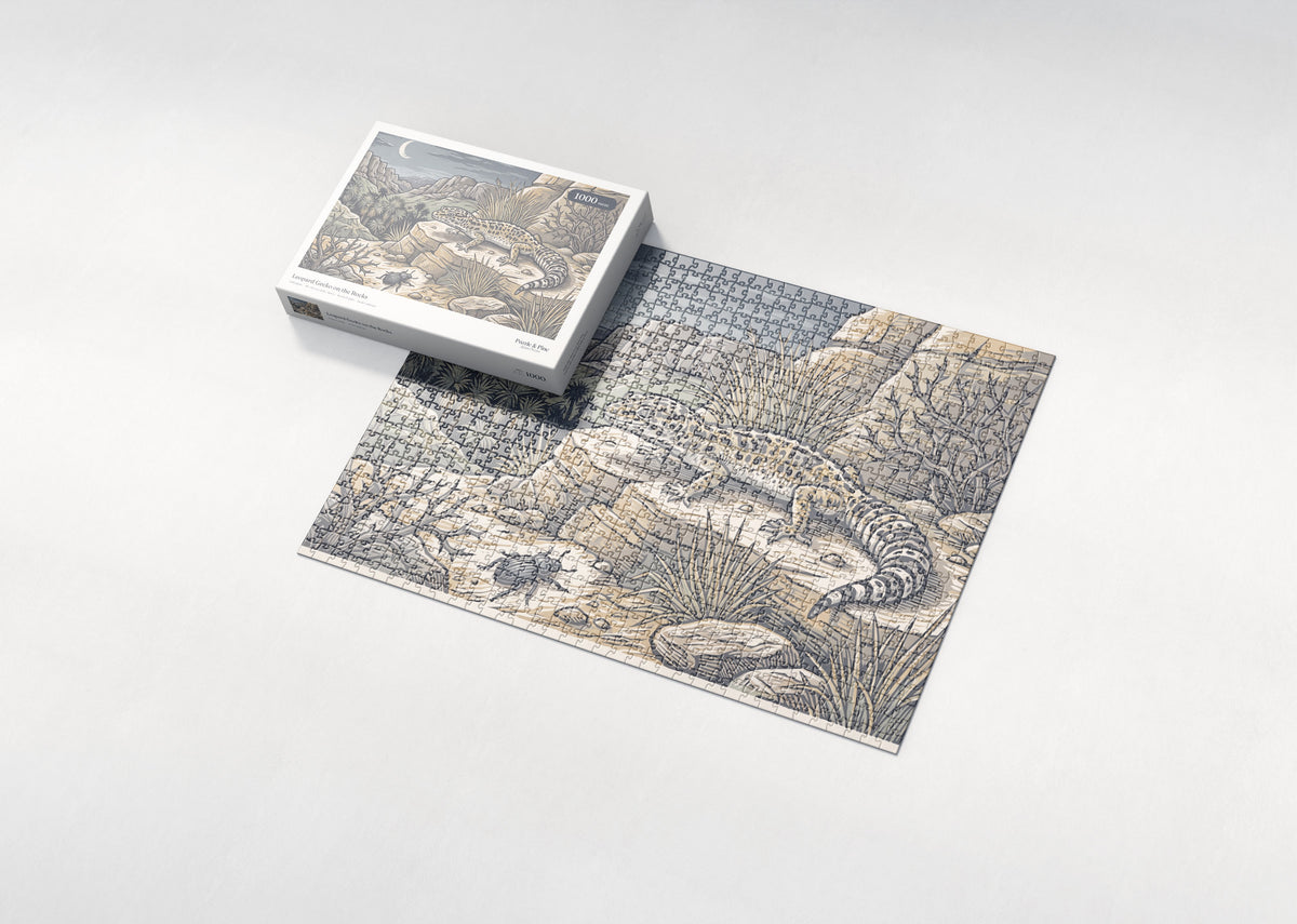 Leopard Gecko on the Rocks jigsaw puzzle - box and puzzle