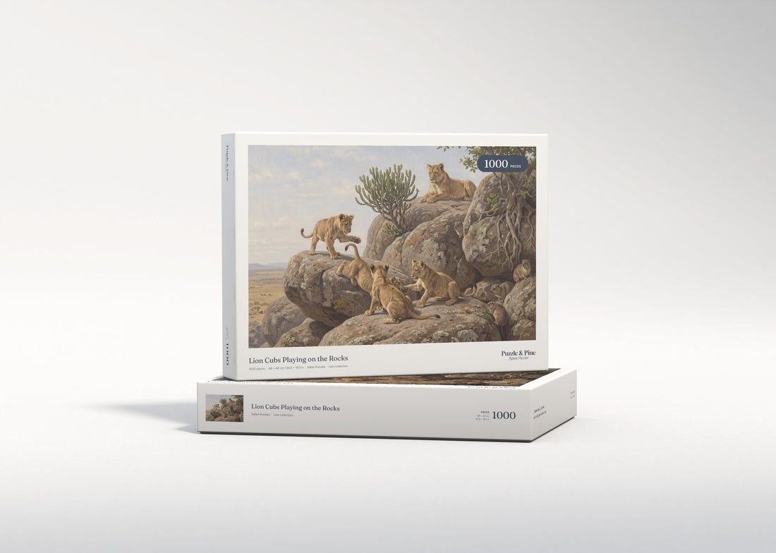 Lion Cubs Playing on the Rocks jigsaw puzzle - gift box