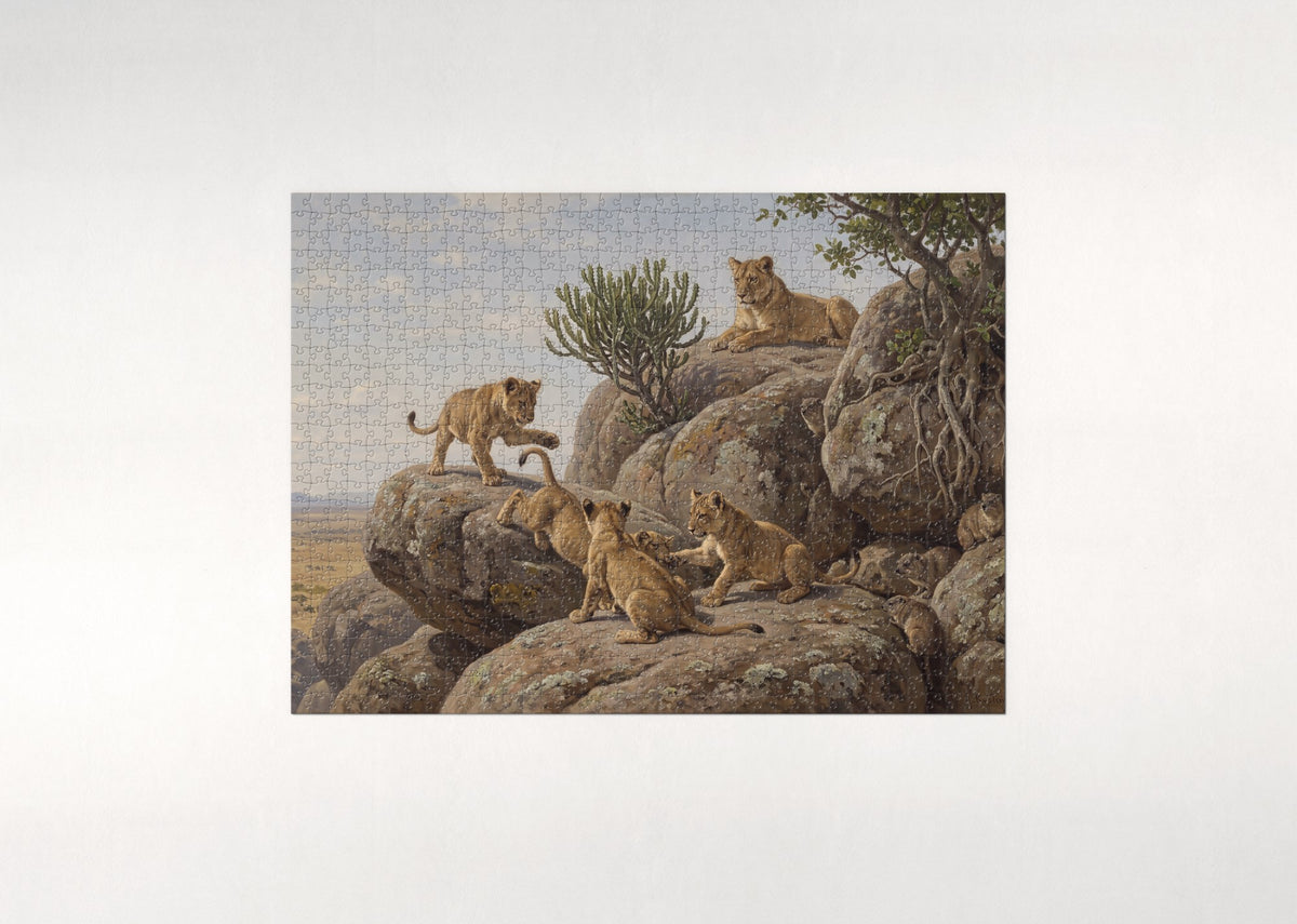 Lion Cubs Playing on the Rocks jigsaw puzzle - flat puzzle