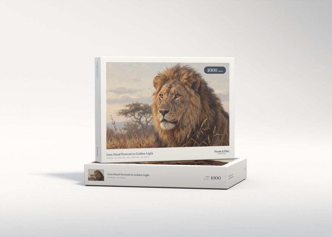Lion Head Portrait in Golden Light jigsaw puzzle - gift box