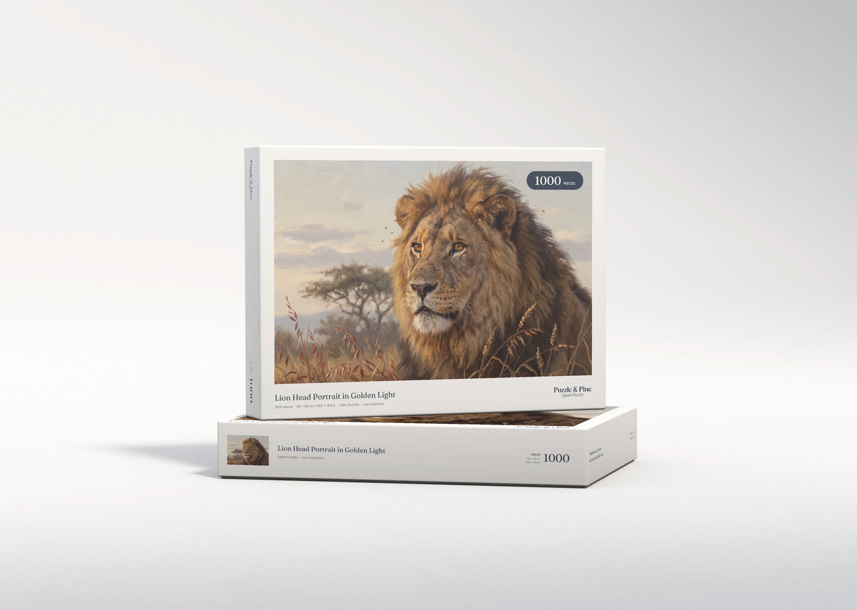 Lion Head Portrait in Golden Light jigsaw puzzle - gift box