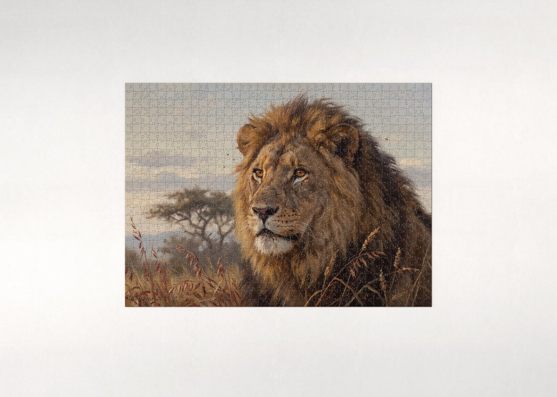 Lion Head Portrait in Golden Light jigsaw puzzle - gift box
