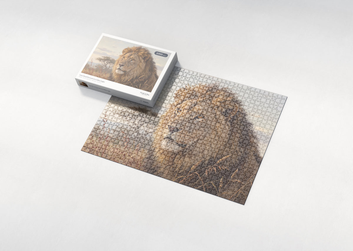 Lion Head Portrait in Golden Light jigsaw puzzle - box and puzzle