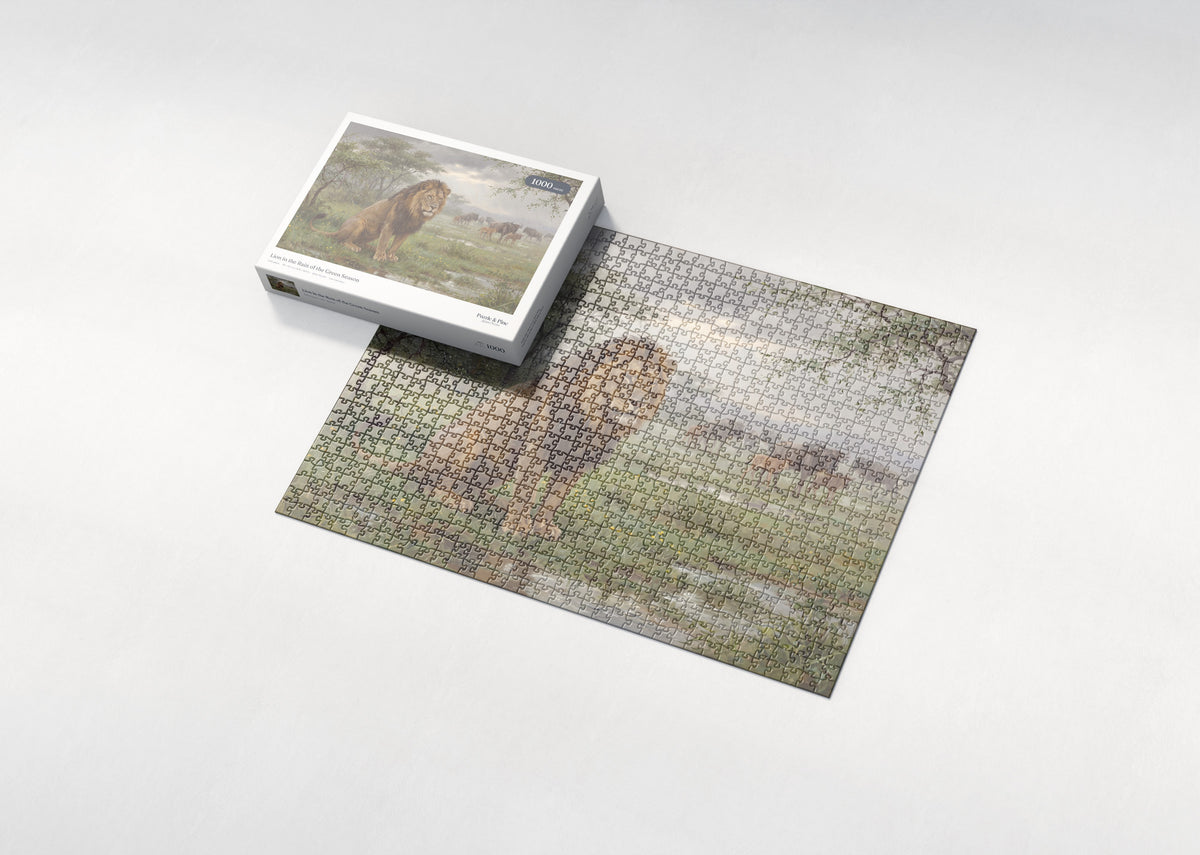 Lion in the Rain of the Green Season jigsaw puzzle - box and puzzle