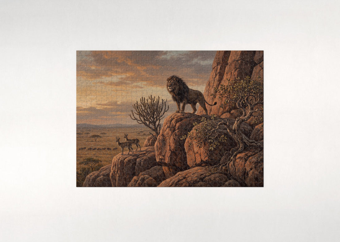 Lion on the Kopje at Sunset jigsaw puzzle - gift box