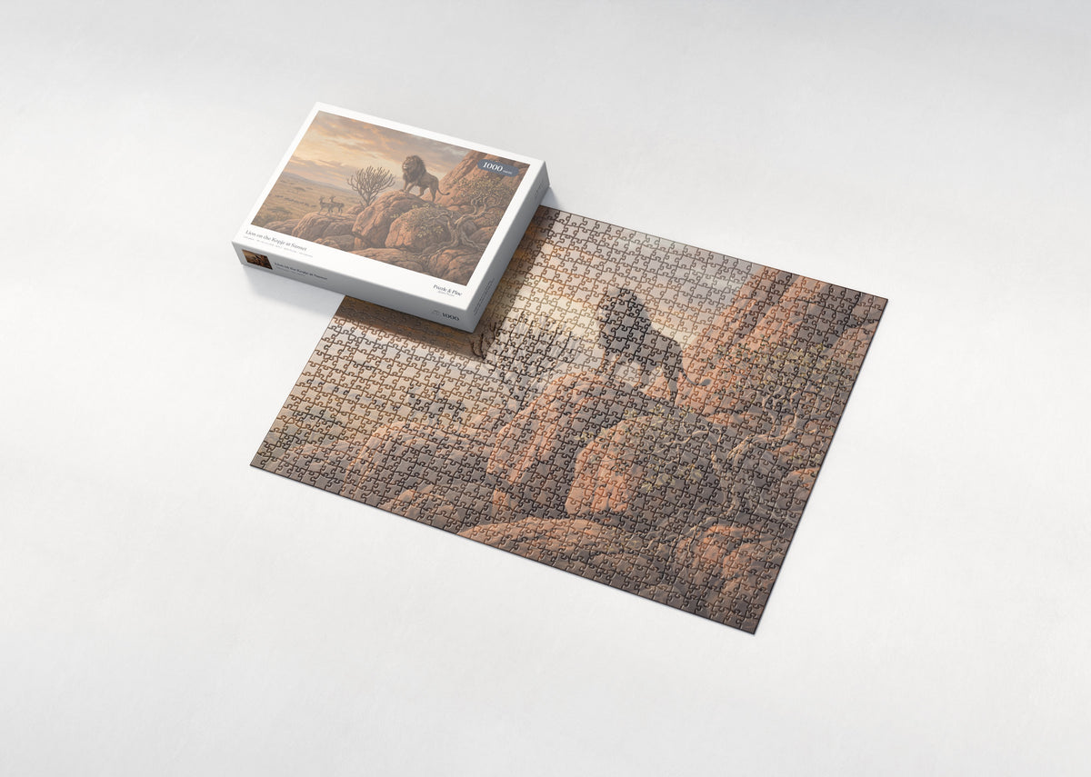 Lion on the Kopje at Sunset jigsaw puzzle - box and puzzle