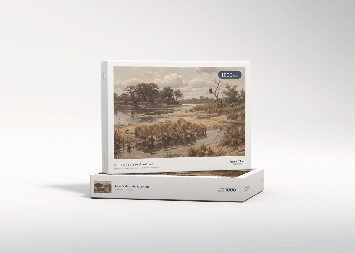 Lion Pride at the Riverbank jigsaw puzzle - gift box