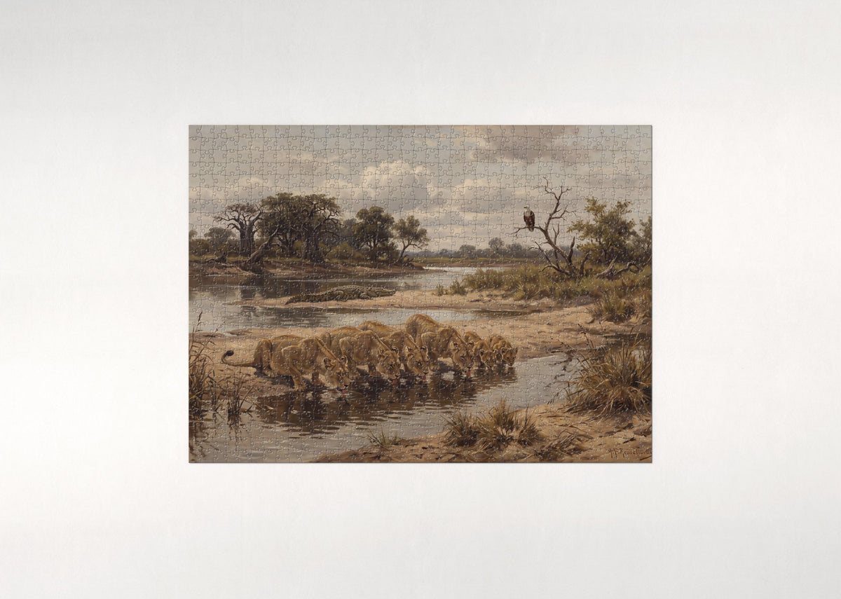 Lion Pride at the Riverbank jigsaw puzzle - flat puzzle